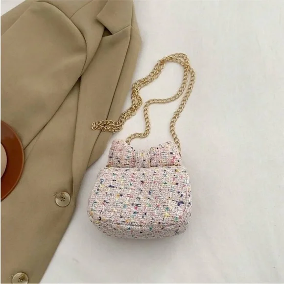 Chic Pink & Rainbow Multi Tweed Mini Flap Crossbody Bag w Top Bow OS New - Picture 5 of 6